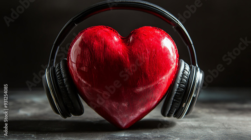 There is a red heart that is wearing a pair of headphones on a table photo