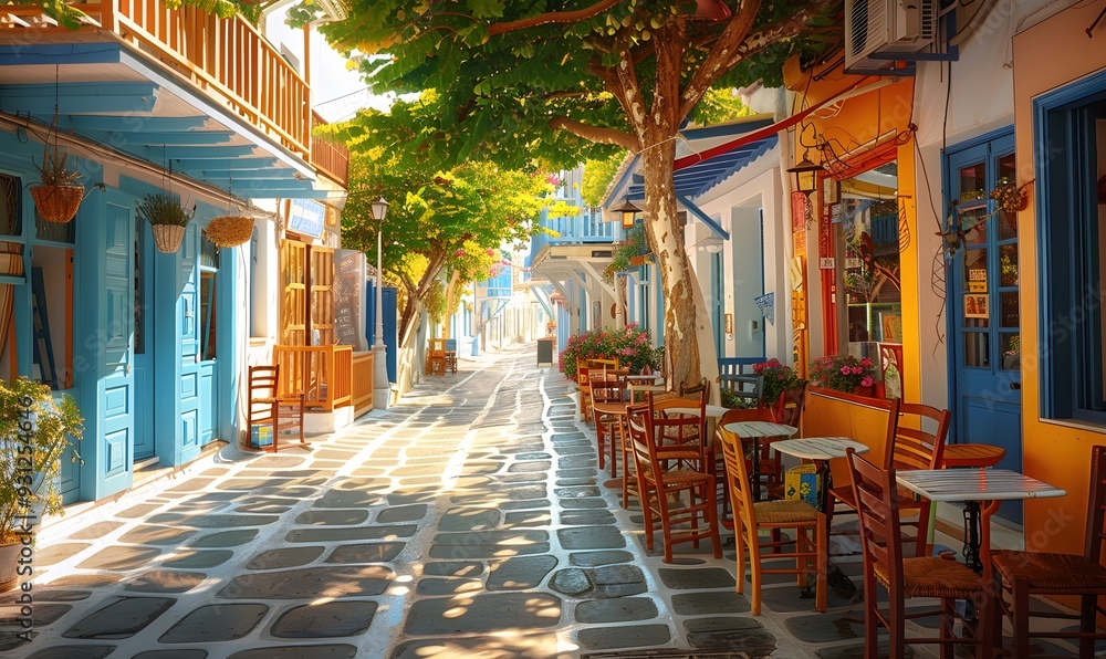 Obraz premium Chairs with tables in typical Greek tavern in Little Venice part of Mykonos town, Mykonos island, Greece.