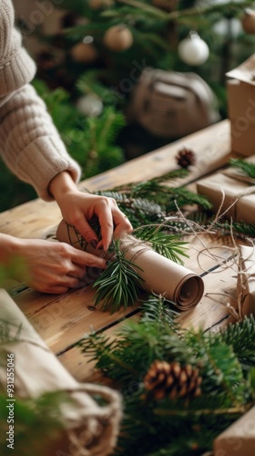 Christmas and zero waste, eco friendly packaging. Woman is wrapping gifts in craft paper on a wooden table, ecological Christmas holiday concept, eco decor