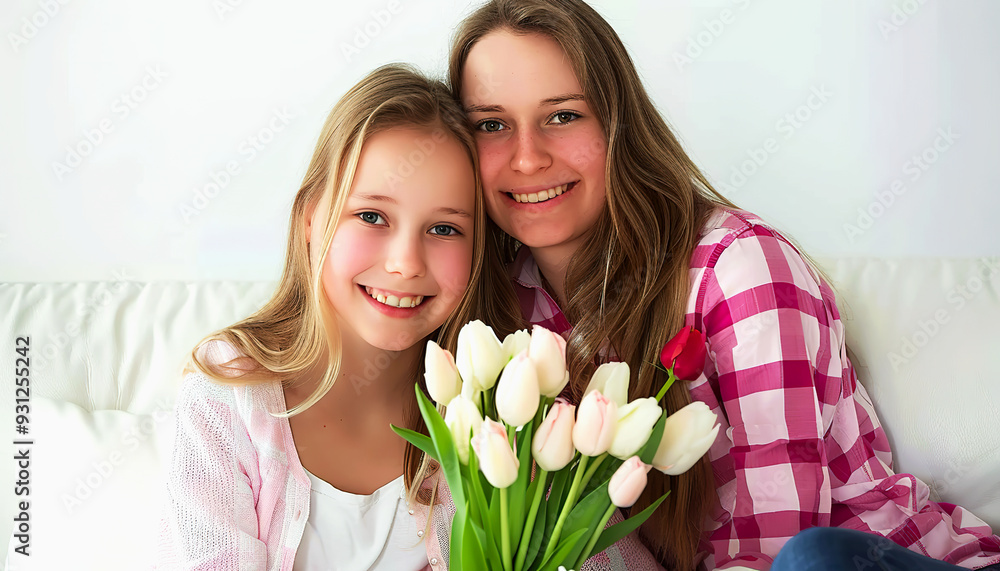 Two Smiling Sisters Holding A Bouquet Of Tulips Two Smiling Sisters Holding A Bouquet Of Tulips
