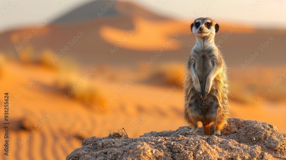 Fototapeta premium Curious meerkat standing on lookout, desert backdrop,