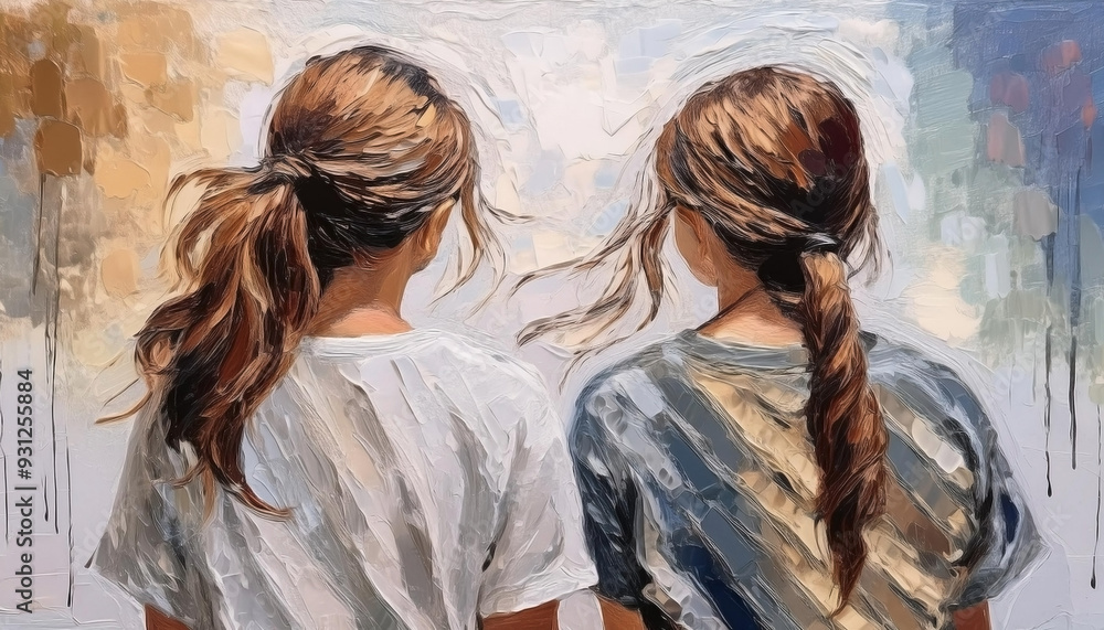 Girls standing in front of brick wall with painting. Girls standing in front of brick wall with painting.