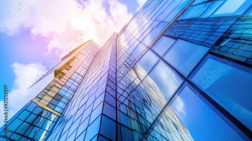 Low angle view of a modern glass skyscraper with a blue sky and clouds.