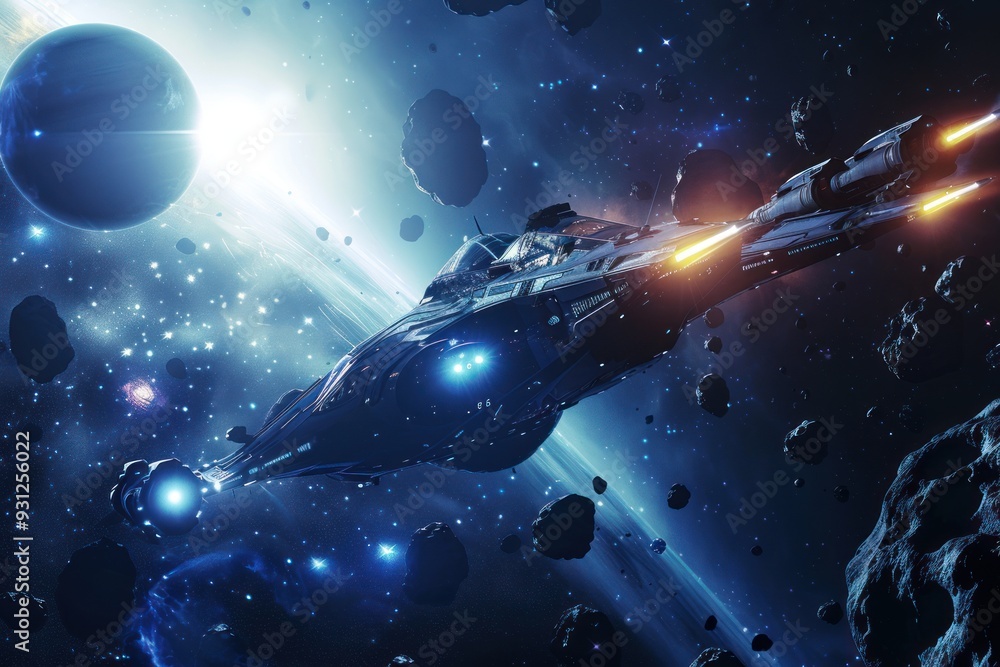 Naklejka premium Starship Soaring Through the Asteroid Field