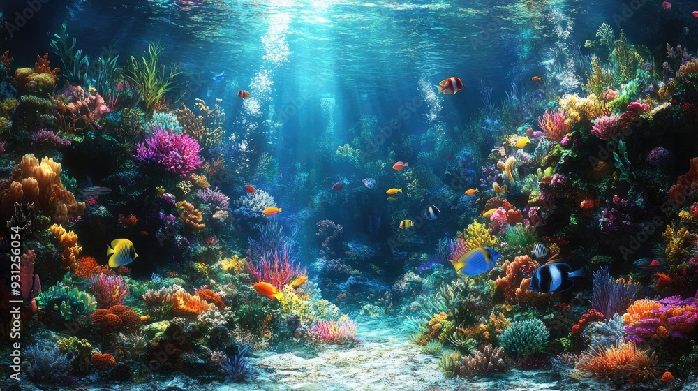 Obraz premium Vibrant coral reef with colorful fish swimming in the clear blue water.