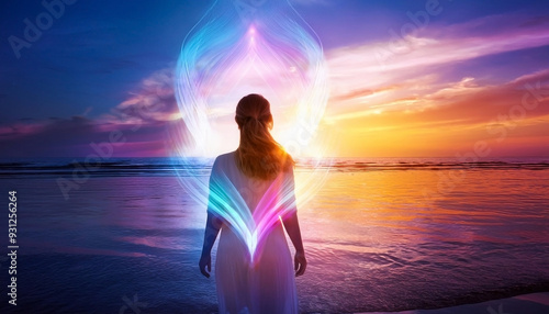 Spiritual woman person glow on water with colorful aura and energy.