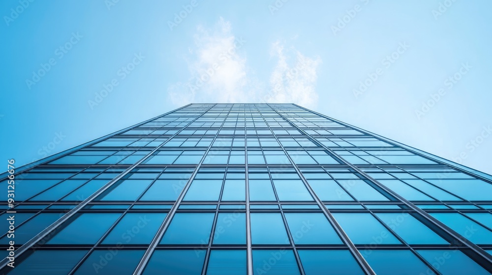Low angle view of a modern skyscraper with blue glass facade against a blue sky with clouds. Low angle view of a modern skyscraper with blue glass facade against a blue sky with clouds.