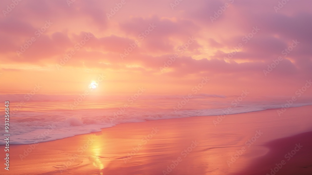 Beautiful pink and orange sunset over a serene beach with gentle ocean waves, reflecting colors in the sky and on the water surface. Beautiful pink and orange sunset over a serene beach with gentle ocean waves, reflecting colors in the sky and on the water surface.