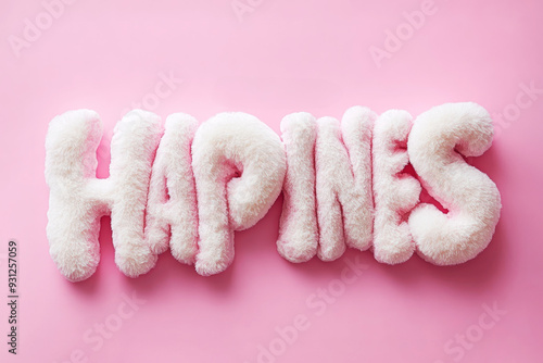 This image features the word 'HAPPINESS' spelled out in fluffy white 3D text against a soft pink background, evoking a warm and gentle feeling.