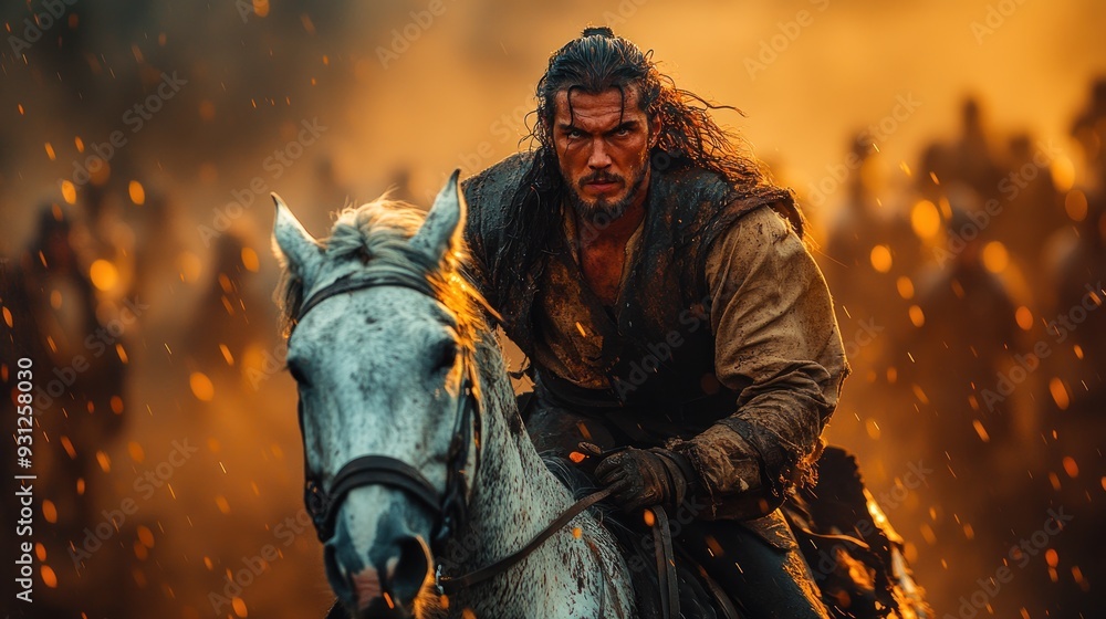 Fototapeta premium Warrior on Horseback Amidst a Fiery Battlefield