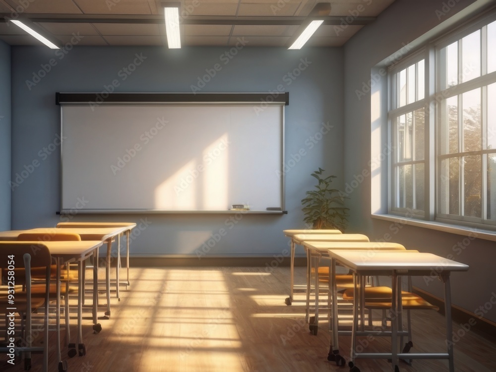 Fototapeta premium Empty classroom with whiteboard, desks, and chairs.