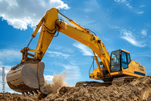 A yellow excavator on an open construction site. The bucket digs the ground. Industrial image.