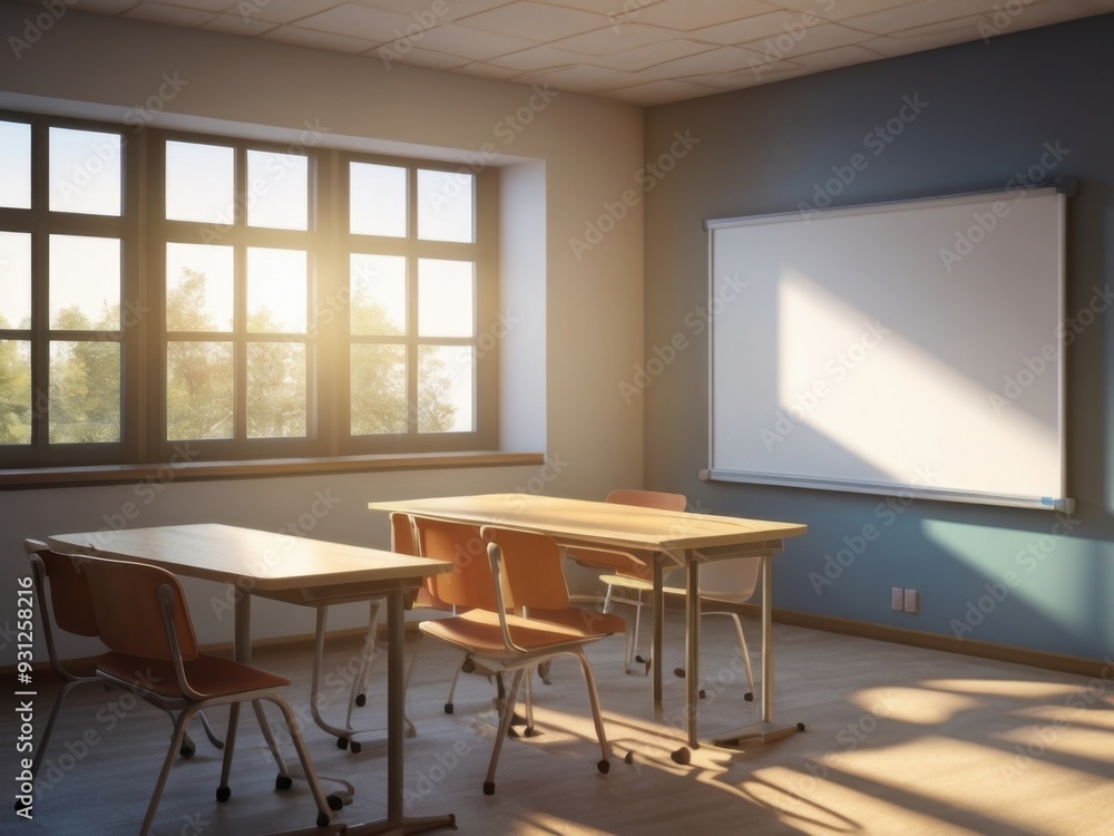 Fototapeta premium A bright and airy classroom with large windows, desks, and chairs, and a blank whiteboard.