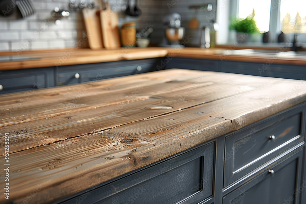 Wooden countertop on the background of a modern kitchen. Wooden countertop on the background of a modern kitchen.
