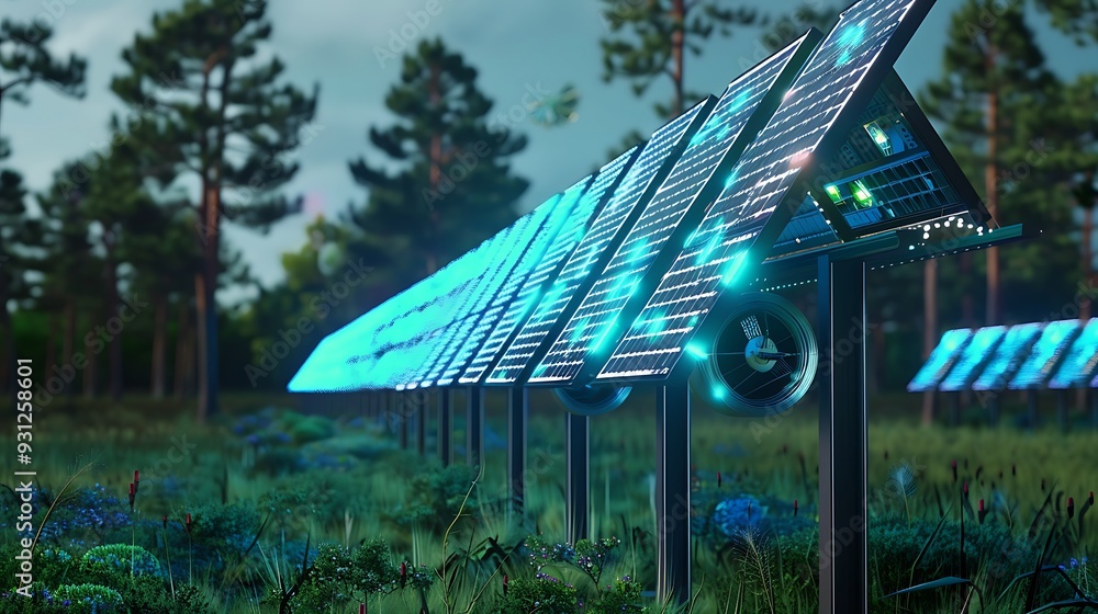 Solar panels are installed in a forest. The panels are surrounded by ...