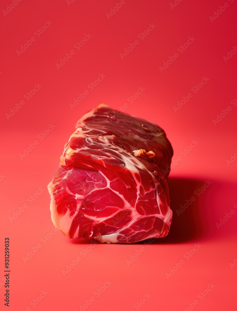 Jamon Iberico on Vivid Bold Background, Minimalistic Gourmet Still Life Jamon Iberico on Vivid Bold Background, Minimalistic Gourmet Still Life