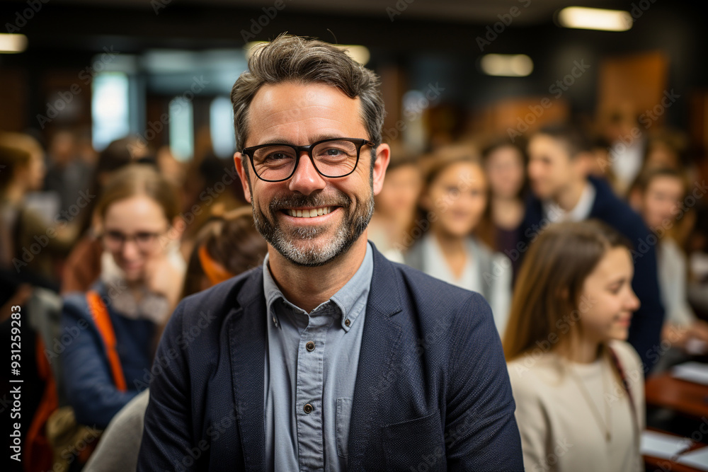 Portrait of smiling male teacher in a class at elementary school looking at camera with learning students on background. generative ai Portrait of smiling male teacher in a class at elementary school looking at camera with learning students on background. generative ai