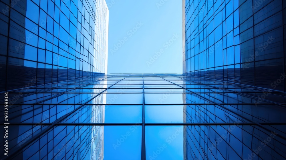Low angle view of two modern buildings with glass facades reflecting the blue sky. Low angle view of two modern buildings with glass facades reflecting the blue sky.
