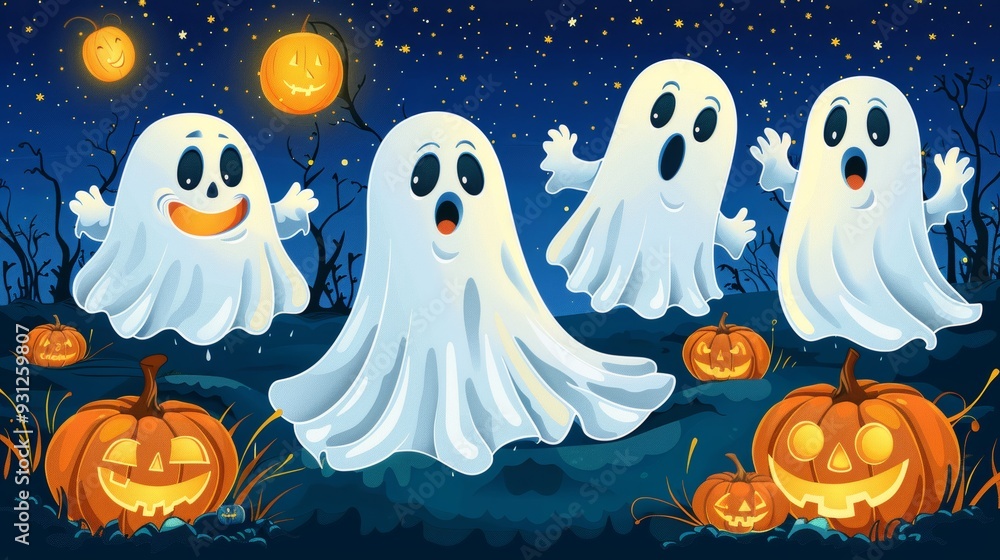 Cute cartoon ghosts floating around a pumpkin patch at night cartoon Vector Illustration Cute cartoon ghosts floating around a pumpkin patch at night cartoon Vector Illustration