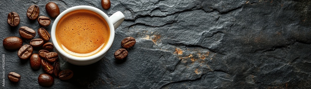Photo of a cup and alarm clock on a dark background, symbolizing the start of your day with coffee. Web banner with copy space Photo of a cup and alarm clock on a dark background, symbolizing the start of your day with coffee. Web banner with copy space