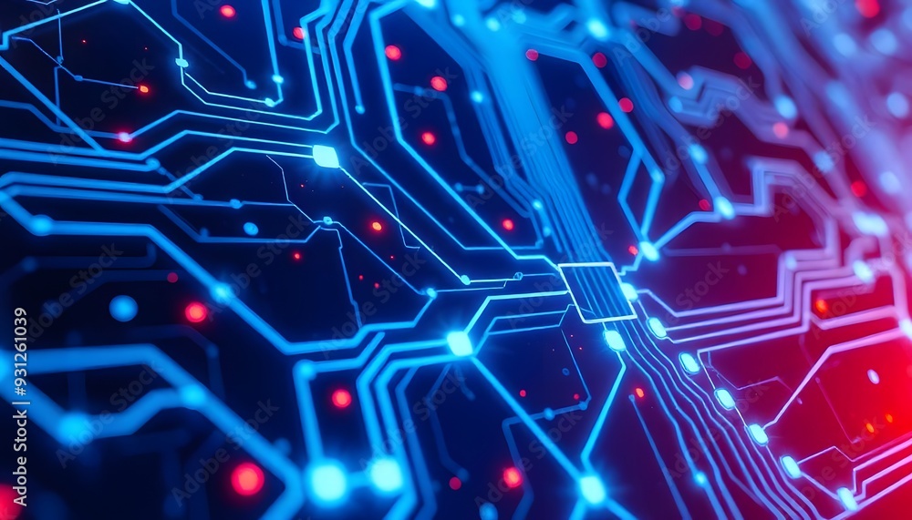 A close-up view of a blue-toned electronic circuit board with intricate patterns and traces