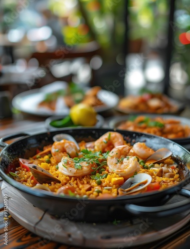 Gourmet Seafood Paella Served on a Ceramic Plate in Elegant Dining Ambiance