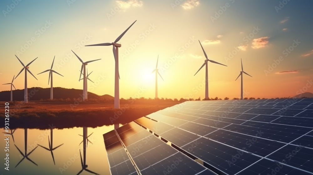 Solar panels wind turbines installed as renewable energy sources for electricity and power supply. Neural network ai generated art Solar panels wind turbines installed as renewable energy sources for electricity and power supply. Neural network ai generated art