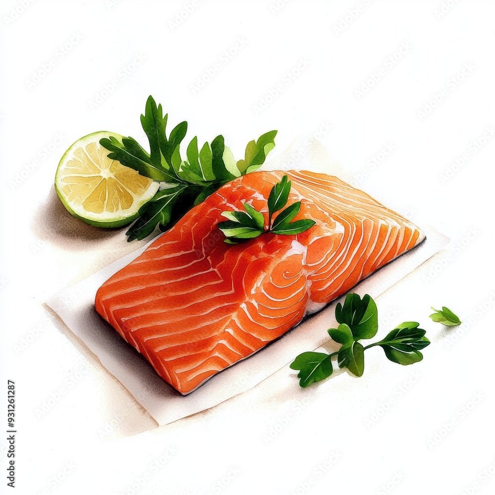 Watercolor salmon fillet with parsley and lime Artistic watercolor illustration of a fresh salmon fillet garnished with parsley and lime, perfect for culinary designs and recipe cards Watercolor salmon fillet with parsley and lime Artistic watercolor illustration of a fresh salmon fillet garnished with parsley and lime, perfect for culinary designs and recipe cards