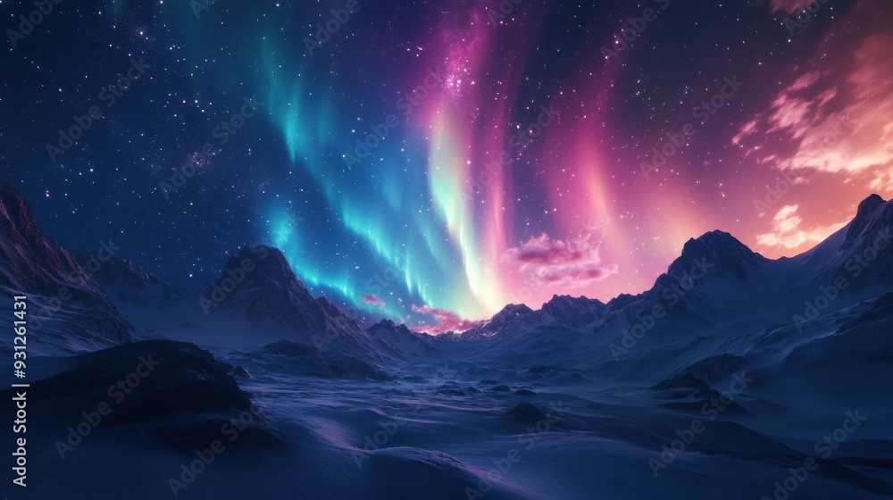 A stunning night sky illuminated by auroras over a snowy mountain landscape. A stunning night sky illuminated by auroras over a snowy mountain landscape.