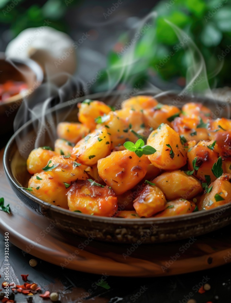 Patatas Bravas Served with Spicy Sauce, Close up on Dark Background Patatas Bravas Served with Spicy Sauce, Close up on Dark Background