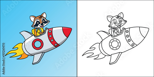 Cute raccoon riding a space rocket suitable for kids coloring page vector illustration