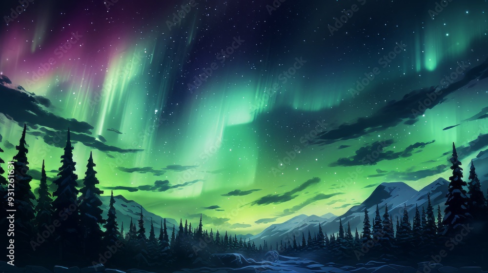 Aurora borealis over the sea, snowy mountains and city lights at night. Neural network ai generated art Aurora borealis over the sea, snowy mountains and city lights at night. Neural network ai generated art