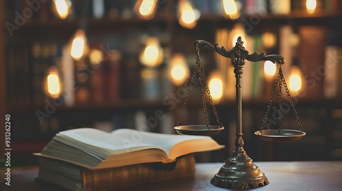 Close-up shot of a scales of justice, a law book and a bookcase in the background. The image represents the concept of justice and fairness. photo