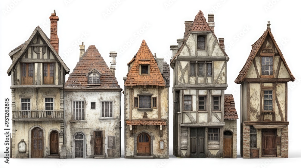 Fototapeta premium Row of five old and weathered houses with a white background.