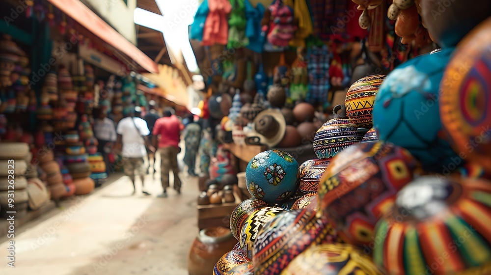 Fototapeta premium vibrant display of handcrafted goods in a bustling market, showcasing the rich culture and artistry of the region. The colorful souvenirs and intricate patterns create a visually captivating scene.