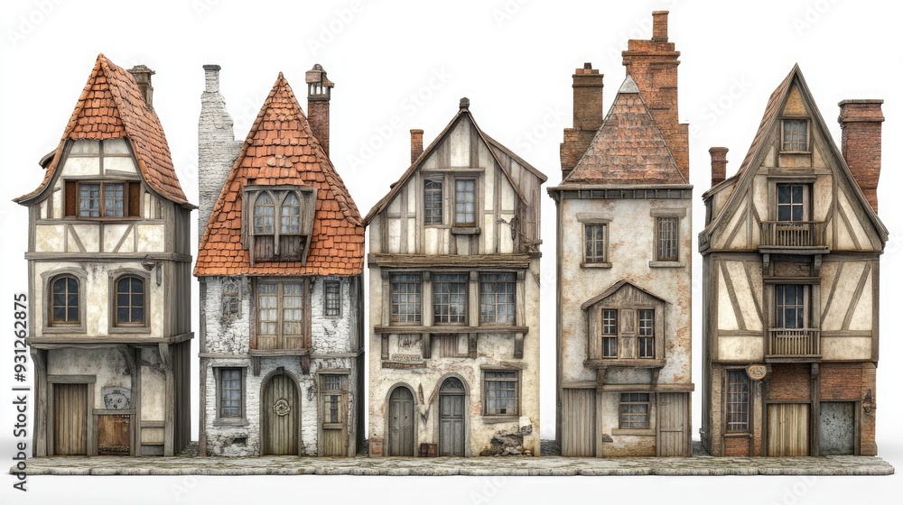 Row of five old, weathered buildings with brick walls, gabled roofs, and wooden doors and windows. Row of five old, weathered buildings with brick walls, gabled roofs, and wooden doors and windows.
