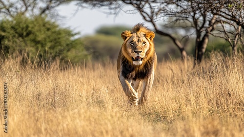 A strong lion walking gracefully through the savannah displaying its dominance and confidence photo