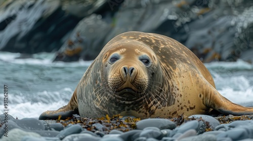 Massive elephant seal lounging on rocky shore,
