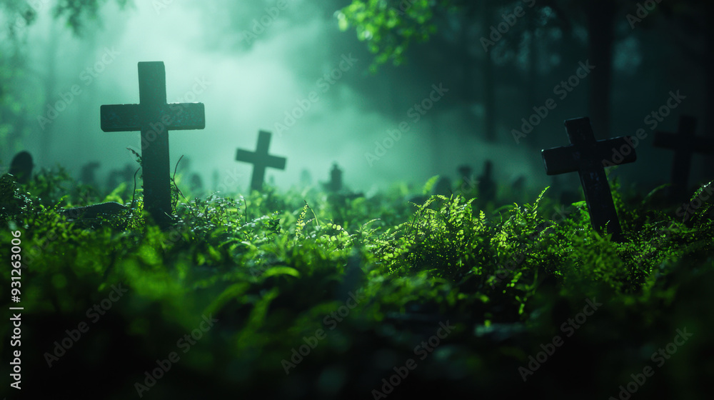 Eerie misty graveyard at dawn with wooden crosses and overgrown grass, conveying mystery and solemn tranquility. Eerie misty graveyard at dawn with wooden crosses and overgrown grass, conveying mystery and solemn tranquility.