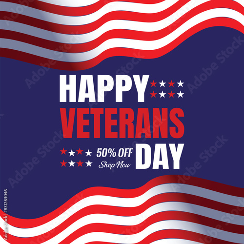 Happy Veterans Day sale banner. Holiday typographic poster with usa waving flag. Thank you, Veterans. Vector illustration