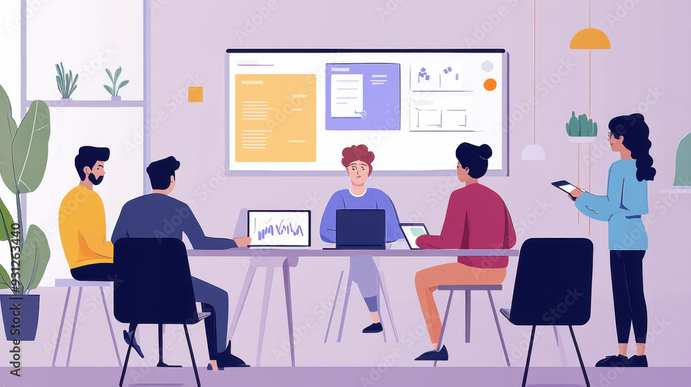 Creative brainstorming session in a diverse team, utilizing a tablet for real-time data Creative brainstorming session in a diverse team, utilizing a tablet for real-time data