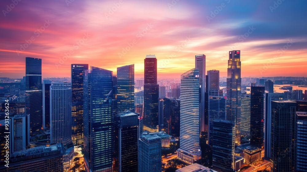 Fototapeta premium A stunning skyline at sunset, showcasing modern skyscrapers and vibrant colors.