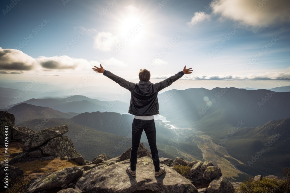 Achieving New Heights: Energetic Man Jumping on Mountain Top in Vibrant Photoillustration Achieving New Heights: Energetic Man Jumping on Mountain Top in Vibrant Photoillustration