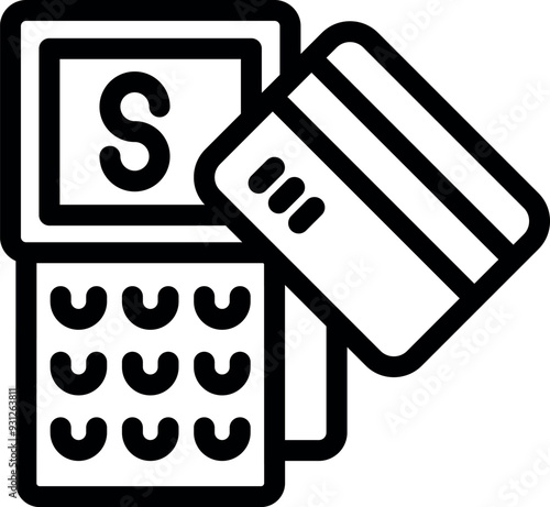 Line art icon of a pos terminal accepting a credit card payment