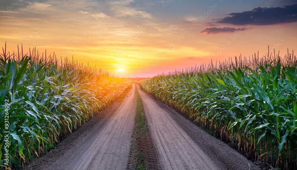Fototapeta premium Golden Cornfields: A Roadside View at Sunset