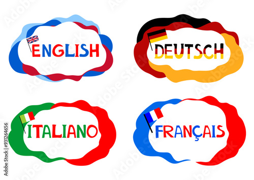 Concept of travel or studying languages. English, German, Italian,  French. Flat design. Language school course. Study foreign languages with native speaker. Online personal tutor. vector illustration
