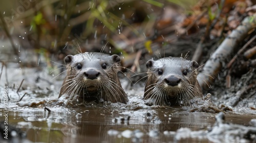 Playful river otters sliding down muddy bank,