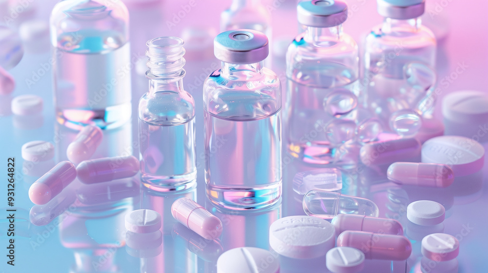 Medicine bottles and pills arranged on reflective surface in soft pastel light Medicine bottles and pills arranged on reflective surface in soft pastel light