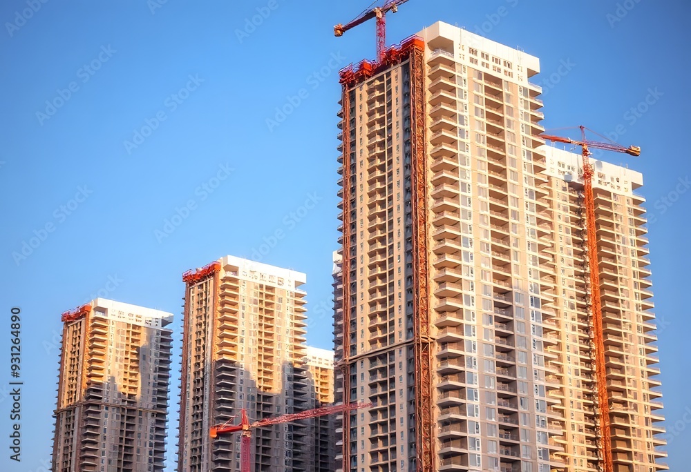 Fototapeta premium Tall modern skyscrapers with cranes in a city skyline against a blue sky construction concept