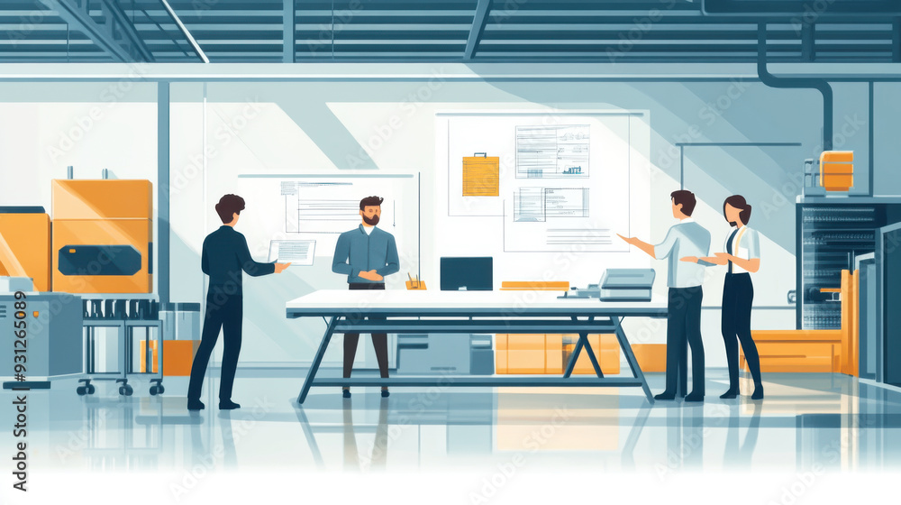 Director and engineers conducting a strategic planning session in a modern manufacturing Director and engineers conducting a strategic planning session in a modern manufacturing